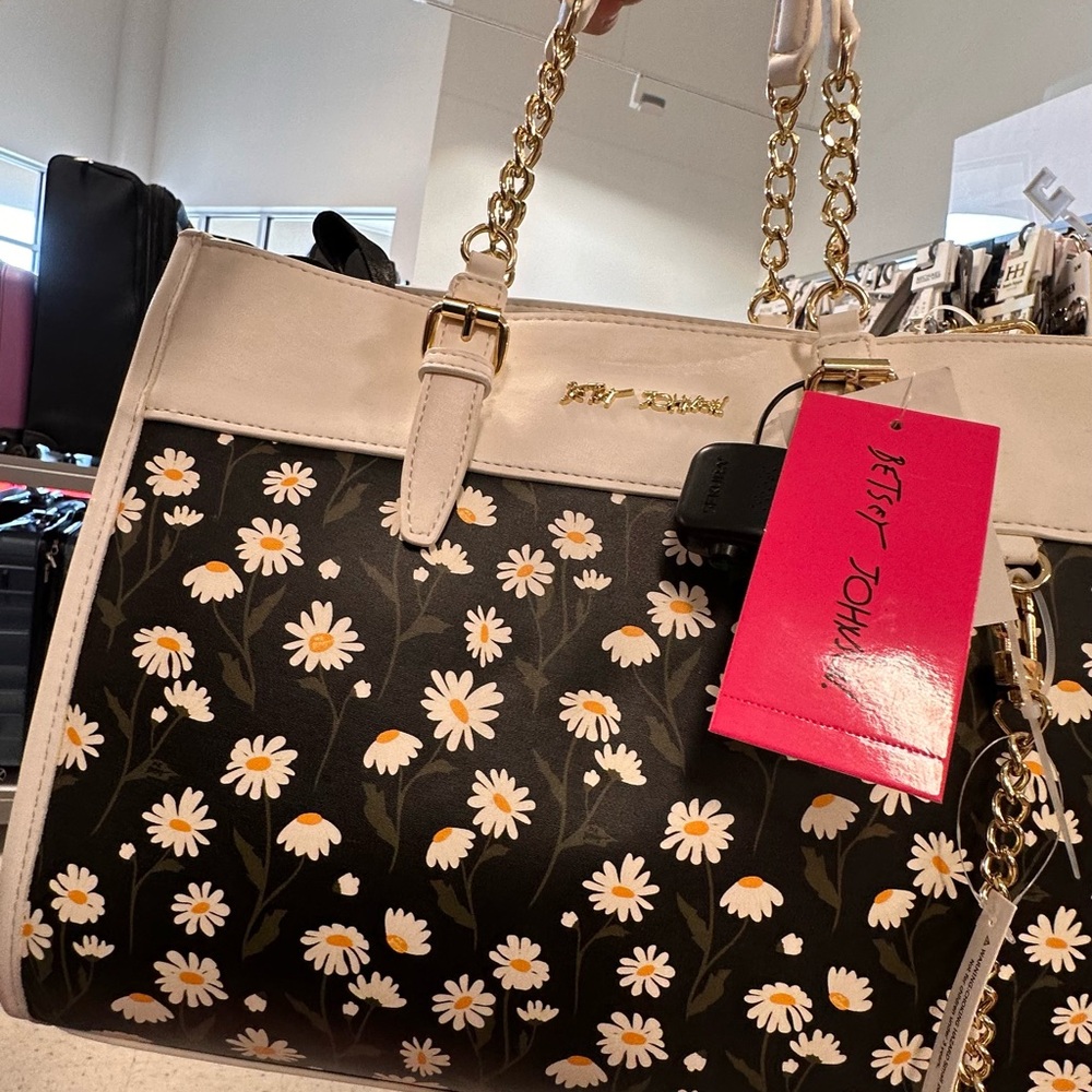 Betsey Johnson Daisy Print Tote Bag | White & Black Floral Purse w/ chain handle